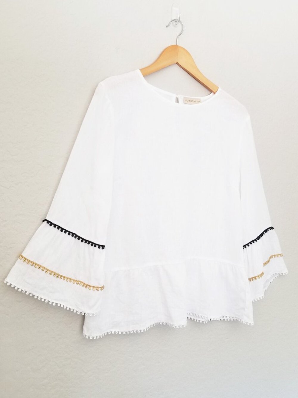 Purotatto 100% Linen Flax Blouse Top White Bell Sleeves Crochet Trim Italy 44 M - Picture 12 of 13